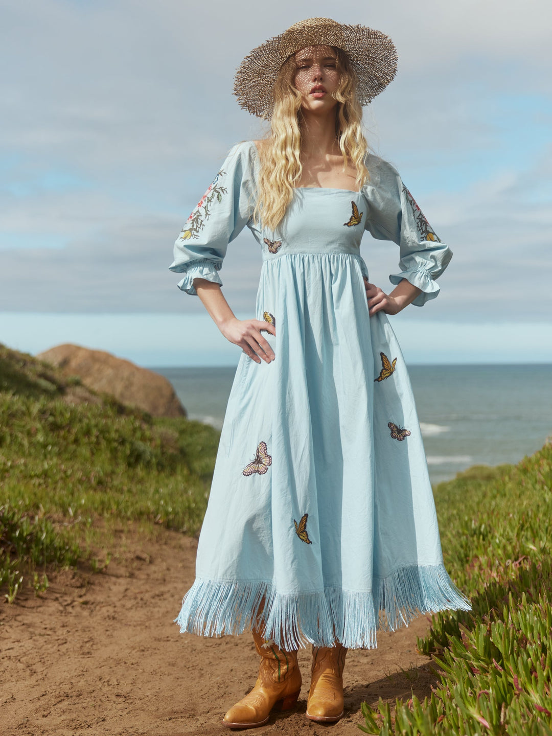 Jocelyn Puff Sleeve Fringe Dress - Light Prussian Blue/Multicolor Butterfly Embroidery