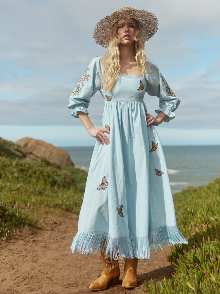Jocelyn Puff Sleeve Fringe Dress - Light Prussian Blue/Multicolor Butterfly Embroidery