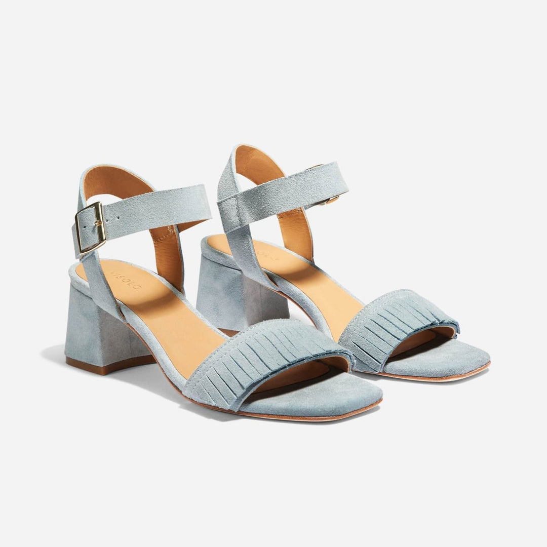 Stella Fringe Heel Sandal - Dusty Blue Suede