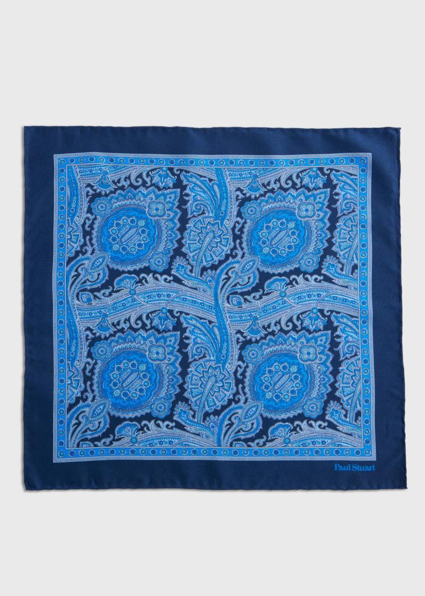Printed Habotai Silk Paisley Pocket Square - Indigo
