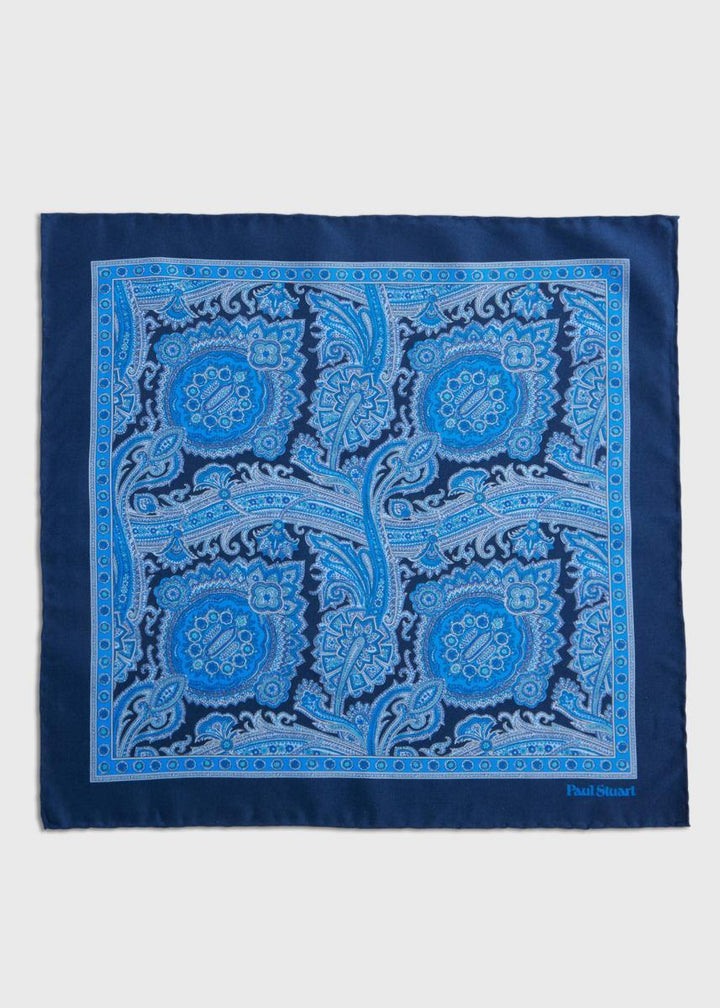 Printed Habotai Silk Paisley Pocket Square - Indigo