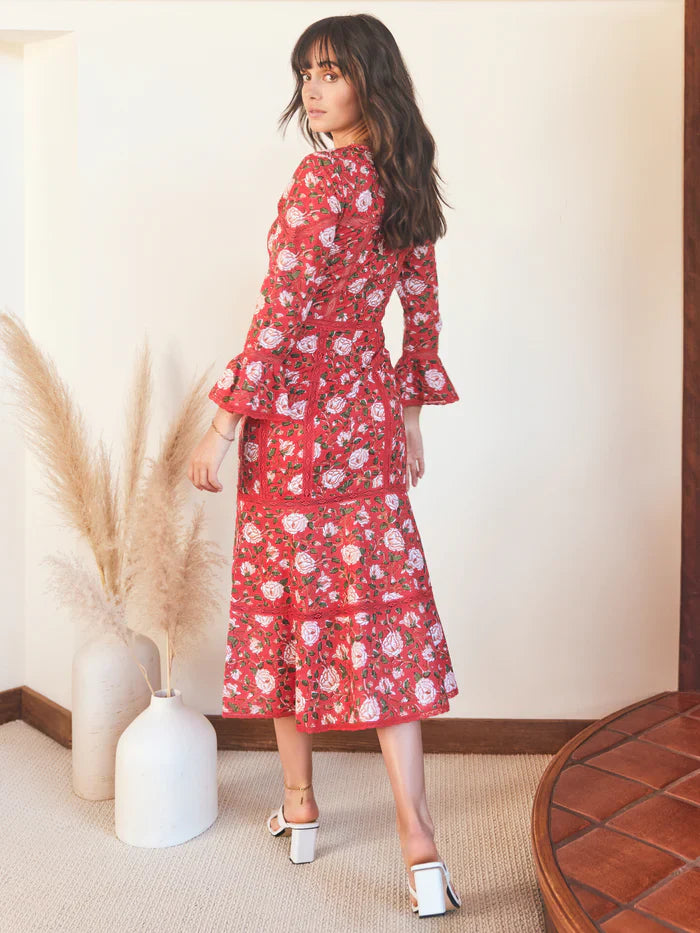 Tina Fluted Pencil Dress - Scarlet/Ivory Rose Floral print