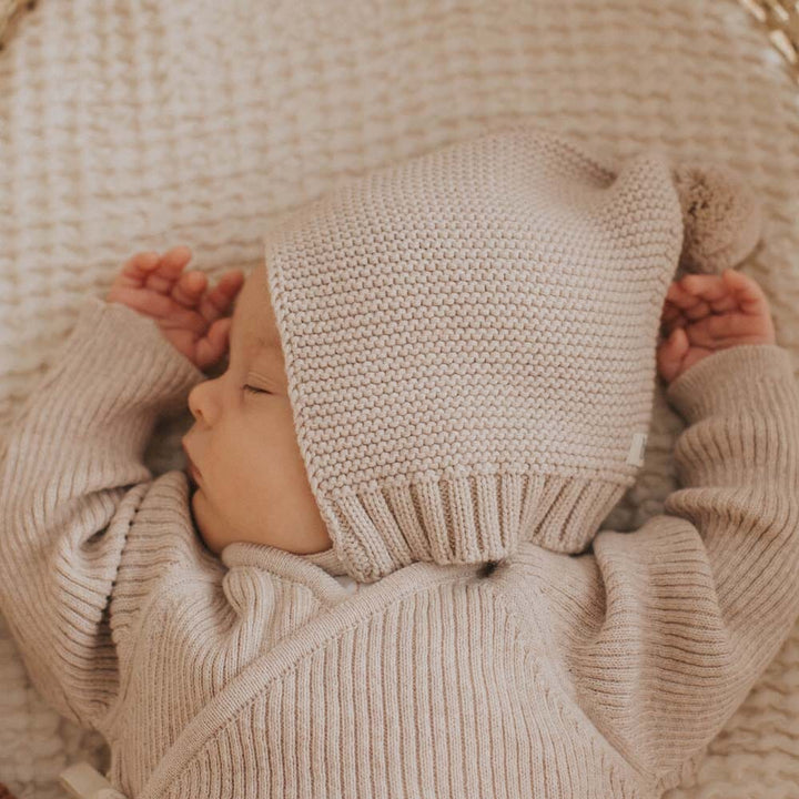 Newborn Sweater Knit Pom Pom Hat - Cream Pink