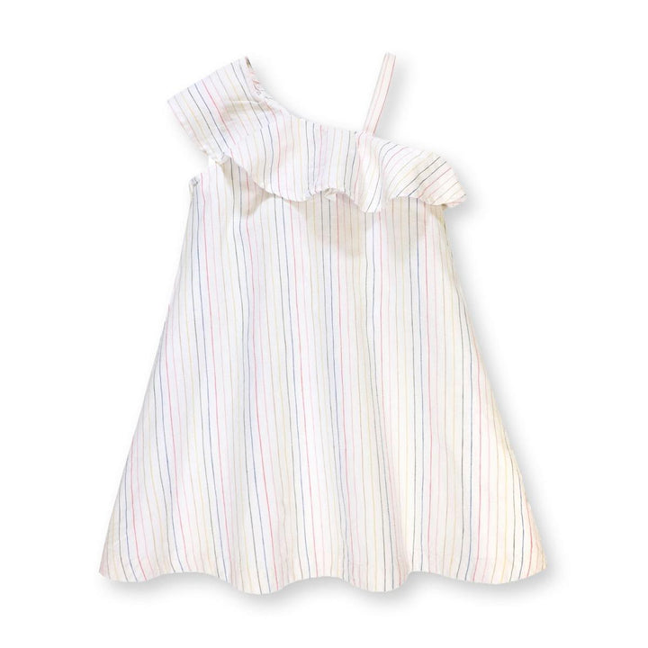 One Shoulder Flounce Dress - Rainbow Pencil Stripe