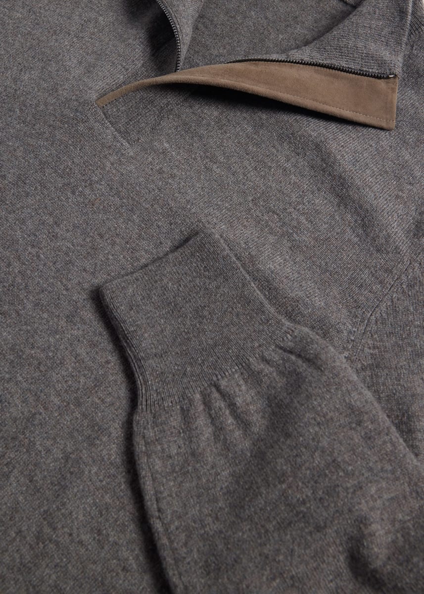 Quarter Zip Sweater with Suede Trim - Grey