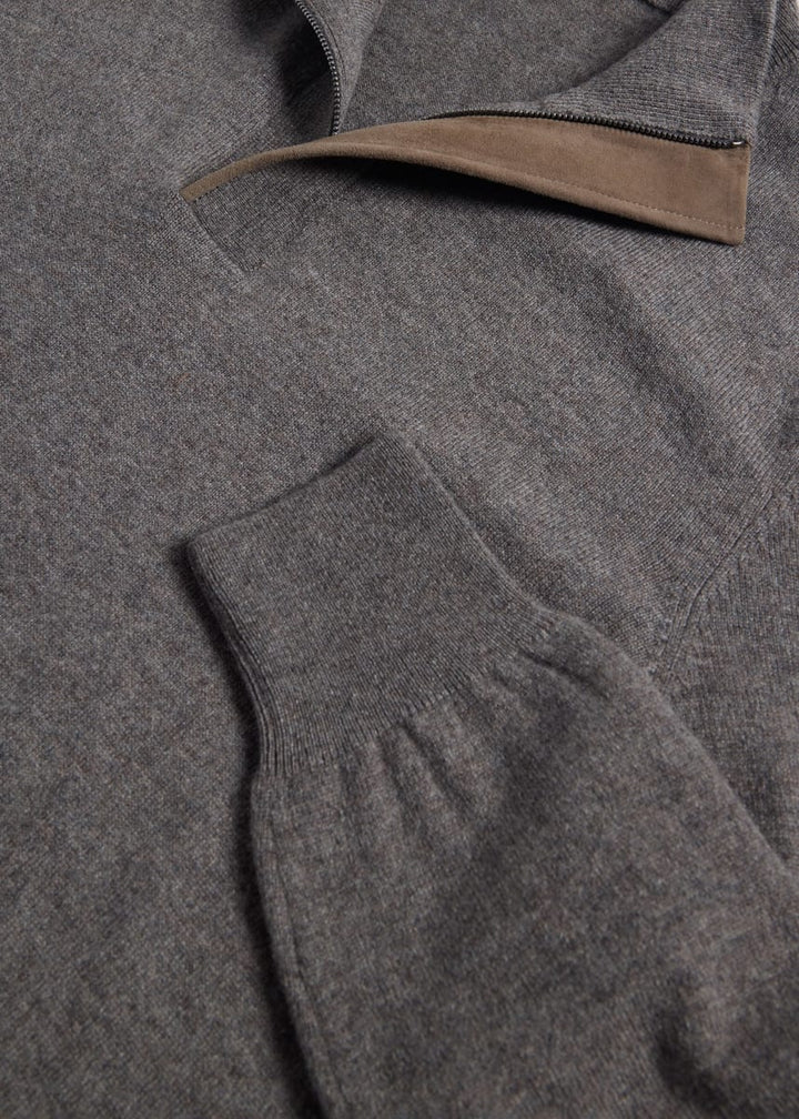Quarter Zip Sweater with Suede Trim - Grey