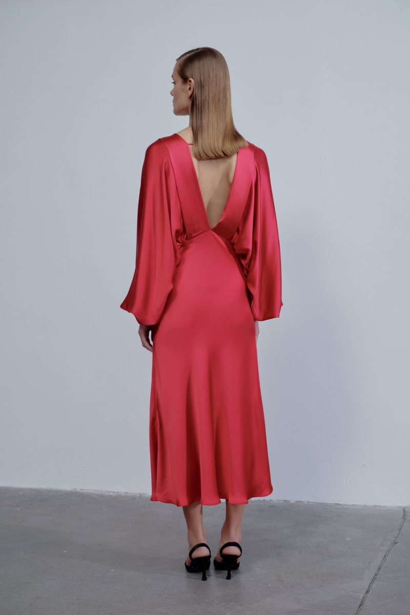 Mila V Neck Satin Dress - Red