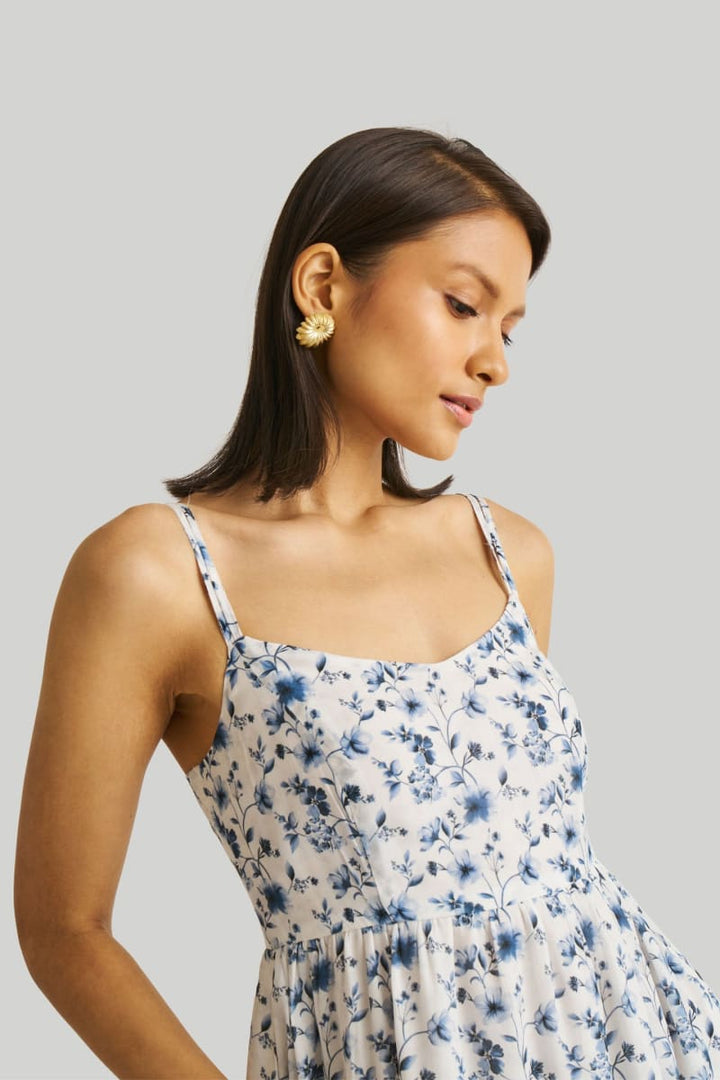 Strappy Gathered Floral Midi Dress - Wisteria Whimsy