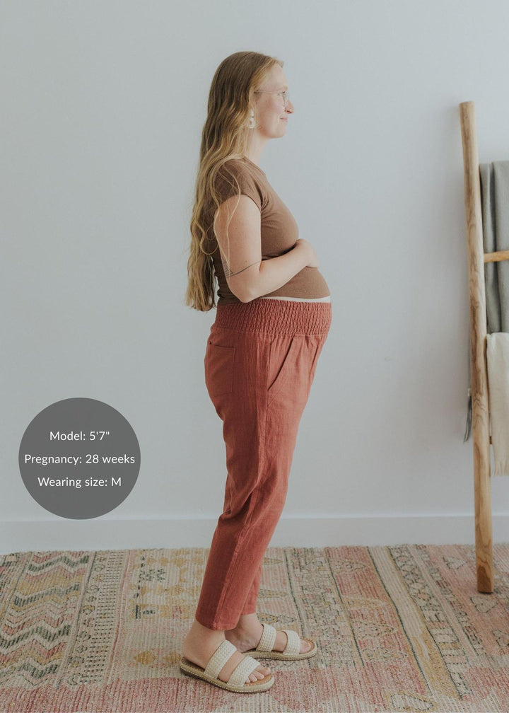 Everyday Transitional Maternity Smocked Linen Pant - Cinnamon