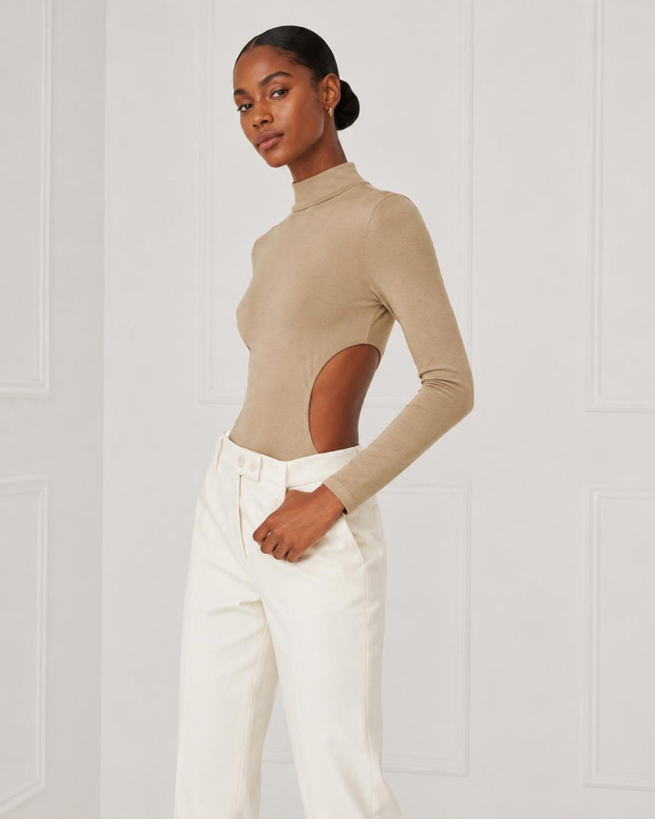 Turtleneck Cut Out Bodysuit - Khaki
