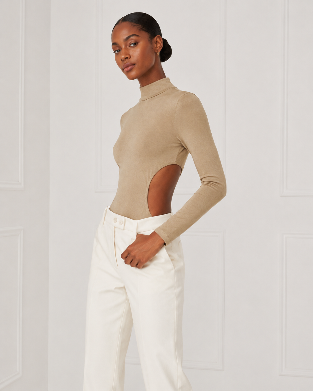 Turtleneck Cut Out Bodysuit - Khaki