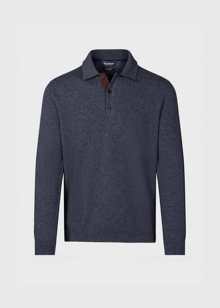 Cashmere Polo with Suede Trim - Grey