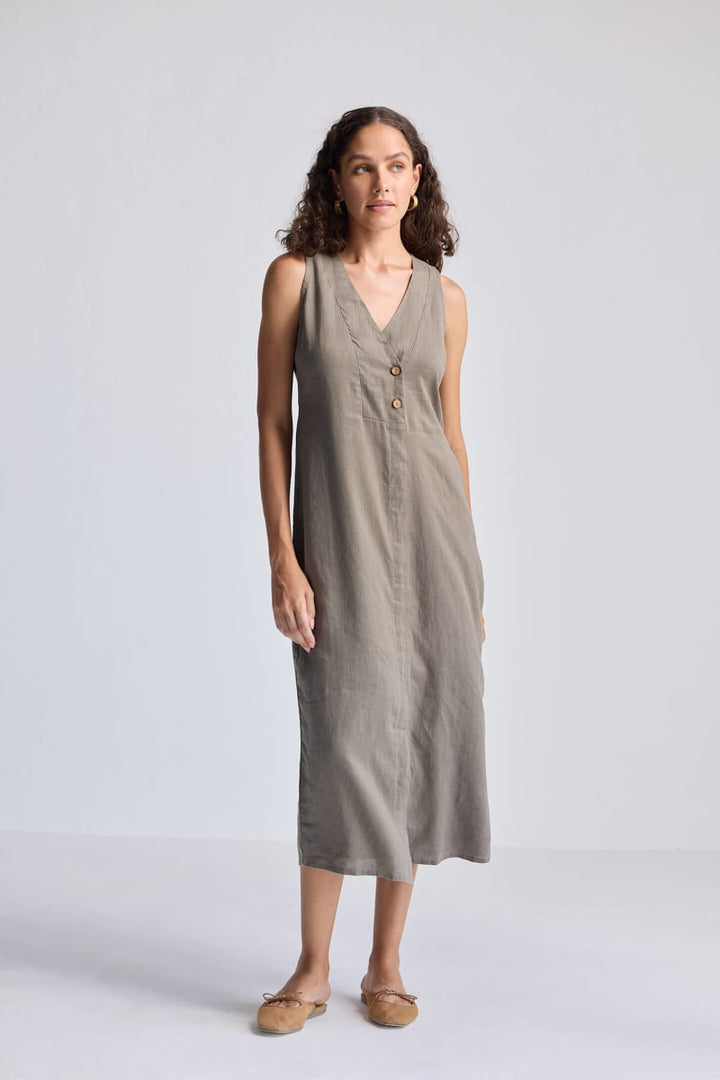 Straight Dress With Front Slit In Hemp - Dark Green