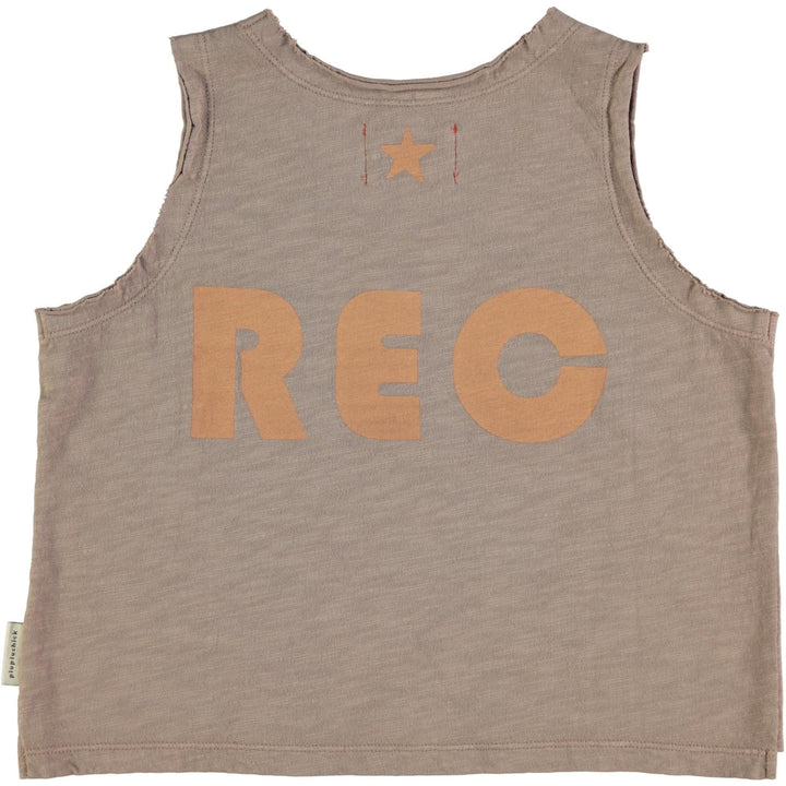 Unisex Sleeveless T-Shirt - Taupe w/Peach "Rec" Print