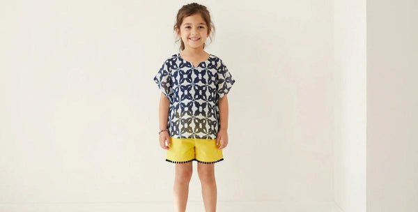 Cotton Woven Girls Top & Shorts Set - Blue & Yellow - Shirt