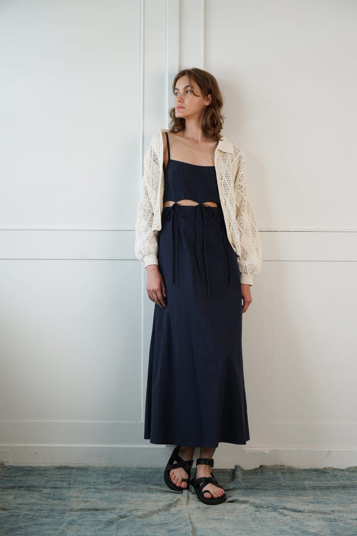 Meso Midi Dress With Tie Details - Navy