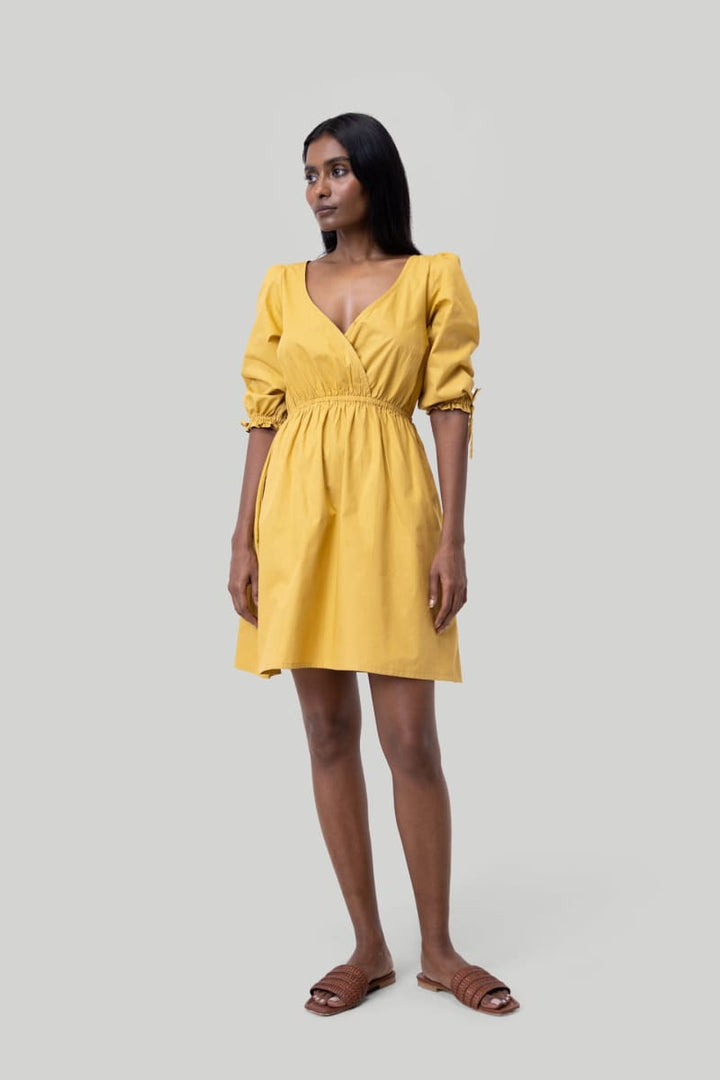 Gathered Elbow Sleeve Short Dress - Tuscan Sun