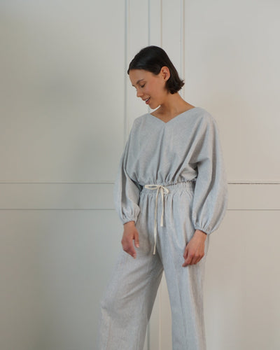 Conductor Stripe Linen Drawstring Adjustable Bubble Top