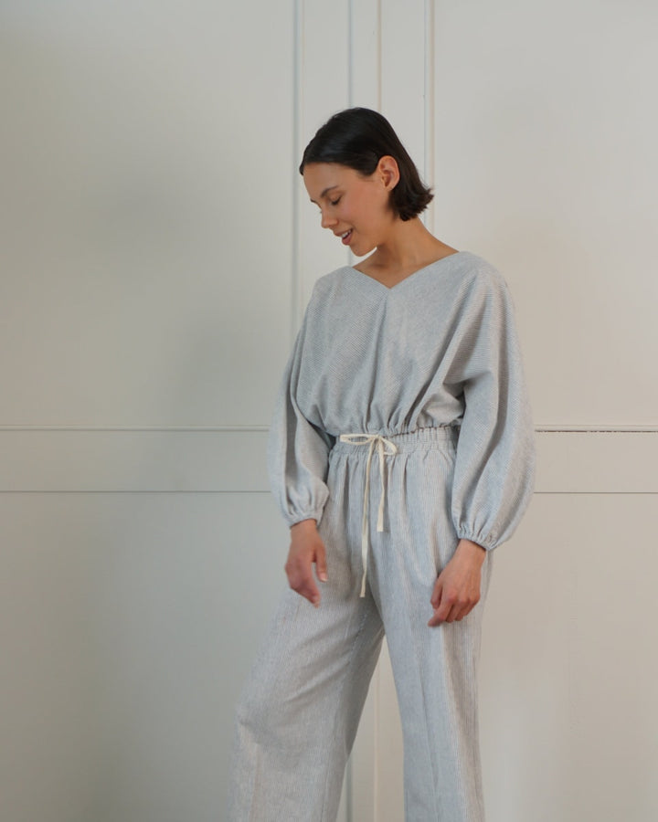 Conductor Stripe Linen Drawstring Adjustable Bubble Top