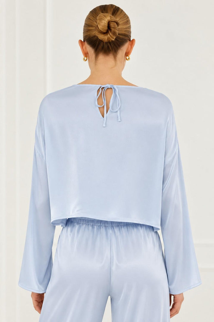 Silky Long Sleeve Cropped Top - Light Blue