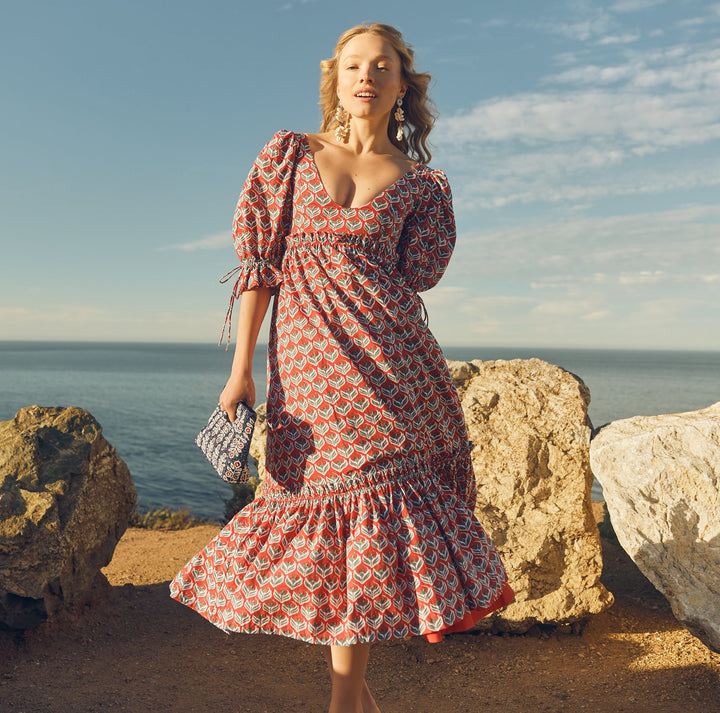 Hayley Puff Sleeve Midi Dress - Carmine/Crimson Floral