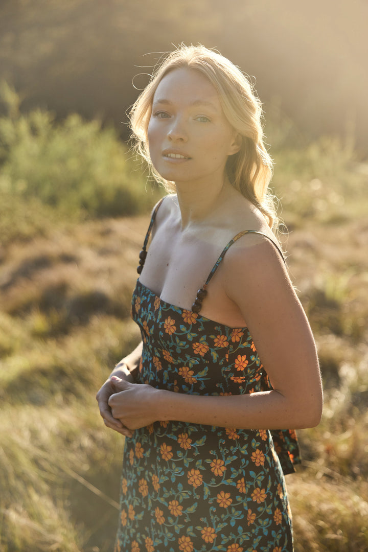 Gloria Mini Dress - Faded Black/Bright Clementine & Moss Floral