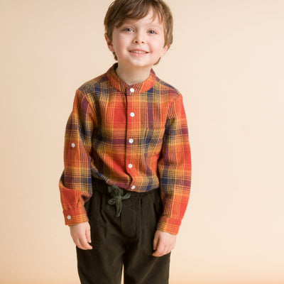 Boys Long Sleeve Flannel Check Shirt - Orange Plaid