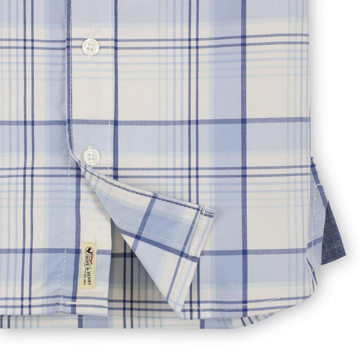 Stretch Short Sleeve Button Down Shirt - Classic Blue Tonal Plaid