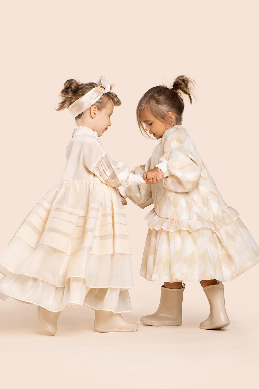Girls Hi-Low Organza & Terry Dress - Beige
