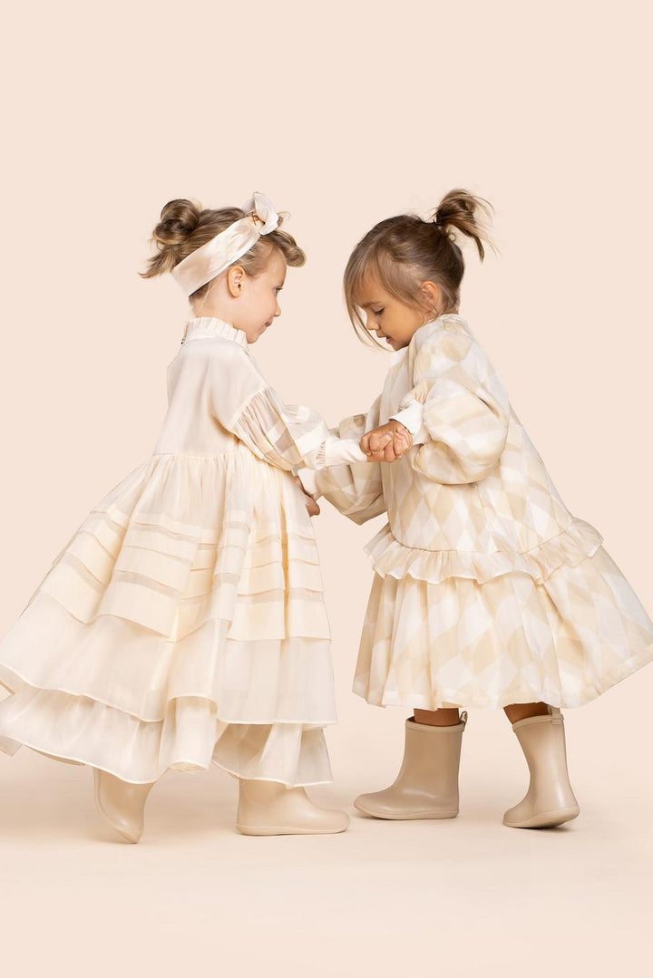 Girls Hi-Low Organza & Terry Dress - Beige