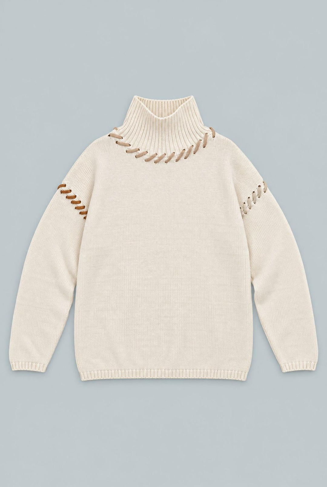 Turtleneck Sweater With Stitching Details - Ivory