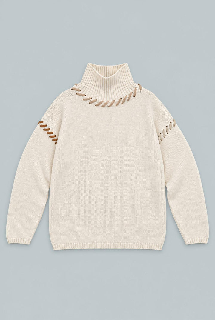 Turtleneck Sweater With Stitching Details - Ivory