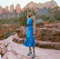 Brook Embroidered Fluted Skirt - Prussian Blue/Placed Floral Embroidery