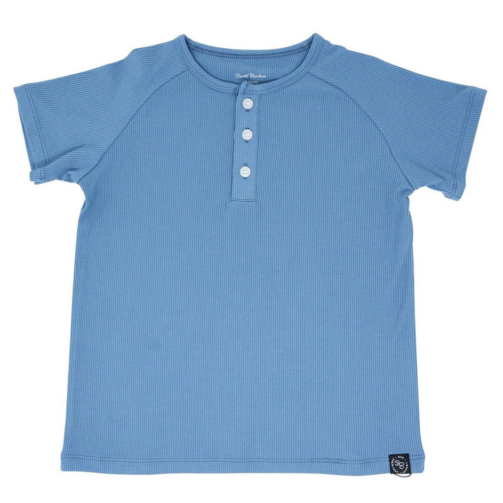 Short Sleeve Raglan Henley - Denim Blue Ribbed