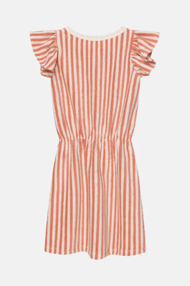 Toweling stripe ruffle dress - Coral