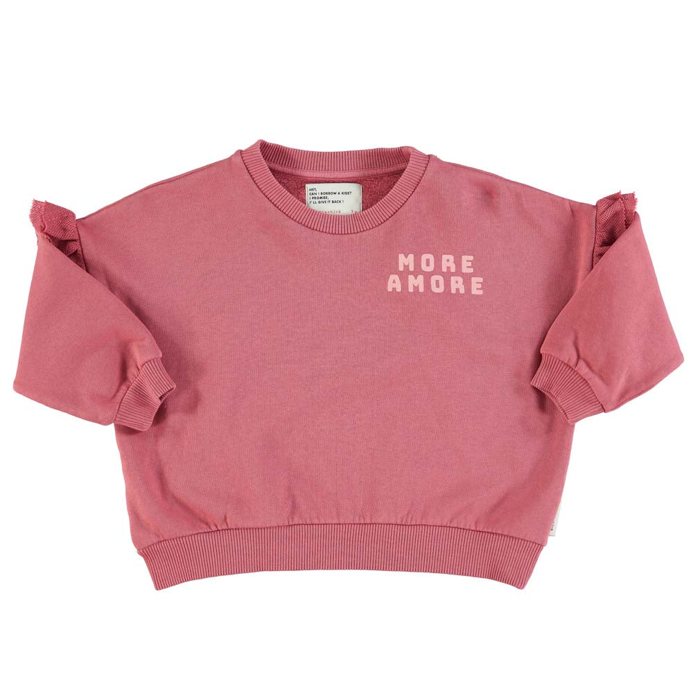 Sweatshirt w/ Frills on Shoulders - Pomegranate with "More Amore" Print