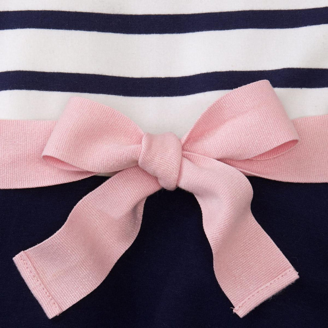 Baby Lightweight Blocked Organic Skater Dress - Navy with Light Pink Ribbon