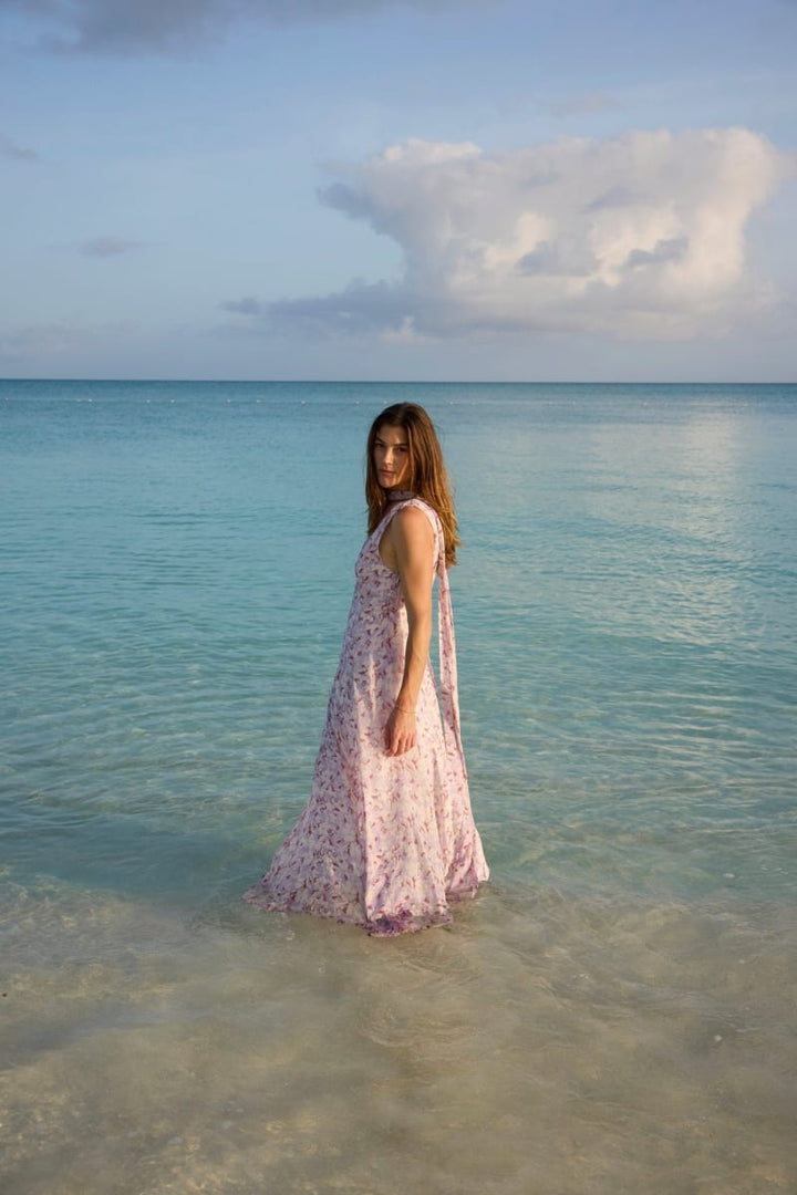 Rivi Neck Scarf Maxi Dress - Pink Floral