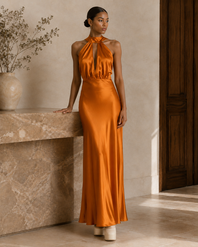 Silky Halter Cutout Gown - Burnt Orange