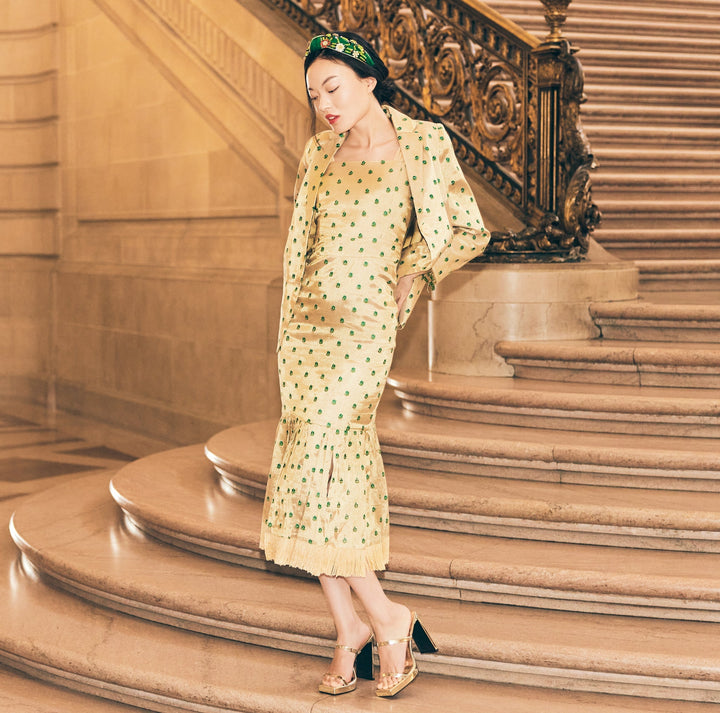 Desirae Embroidered Beaded Blazer - Light Gold/Mini Geometric Floral embroidery