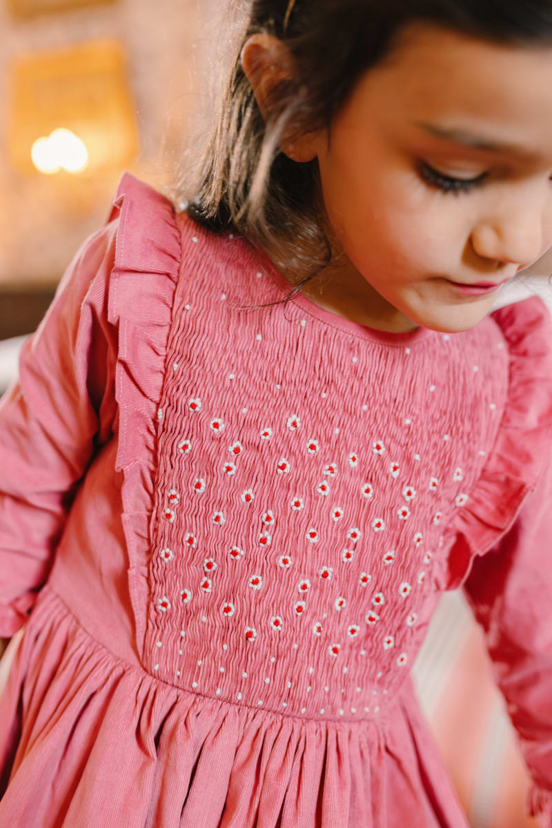 Angele Corduroy Long Sleeve Smocked Dress - Pink