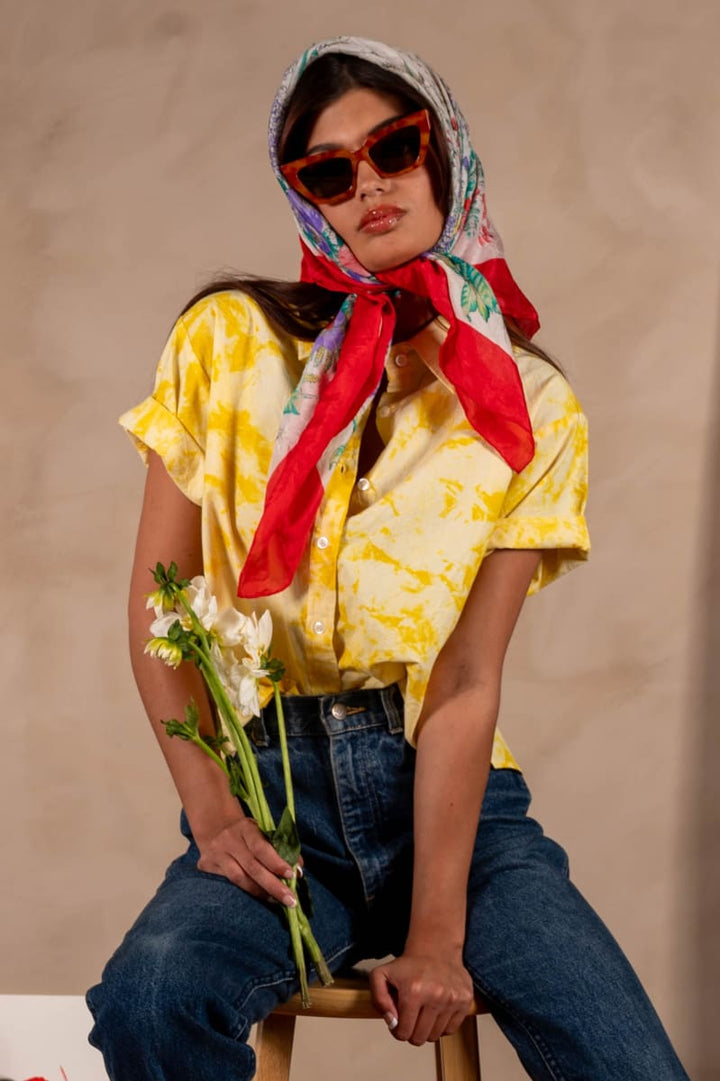 'The Michelle' Hand Dyed Short Sleeve Shirt - Yellow And White 'Citrus Splash' Tie Dye