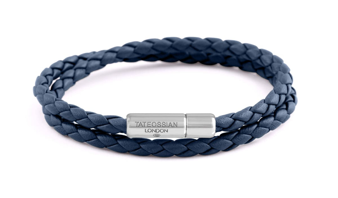 Double Wrap Slim Pop Bracelet In Navy Leather With Silver Clasp - Navy
