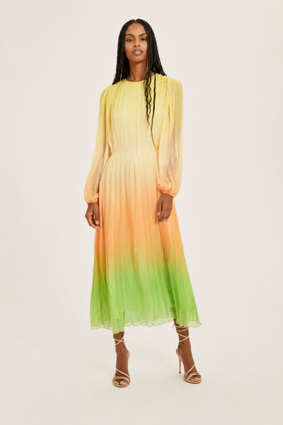 Pleated Long Sleeve Dress - Orange Combo