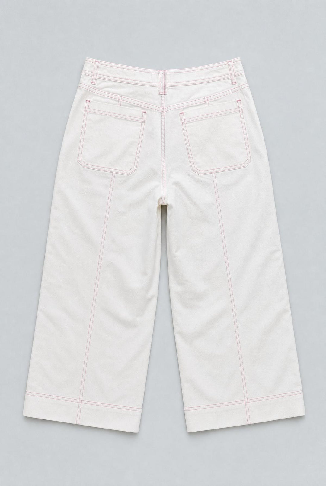 Contrast Stitch Cropped Wide Leg Denim - White