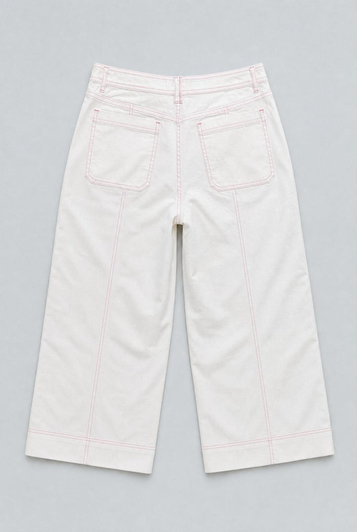 Contrast Stitch Cropped Wide Leg Denim - White