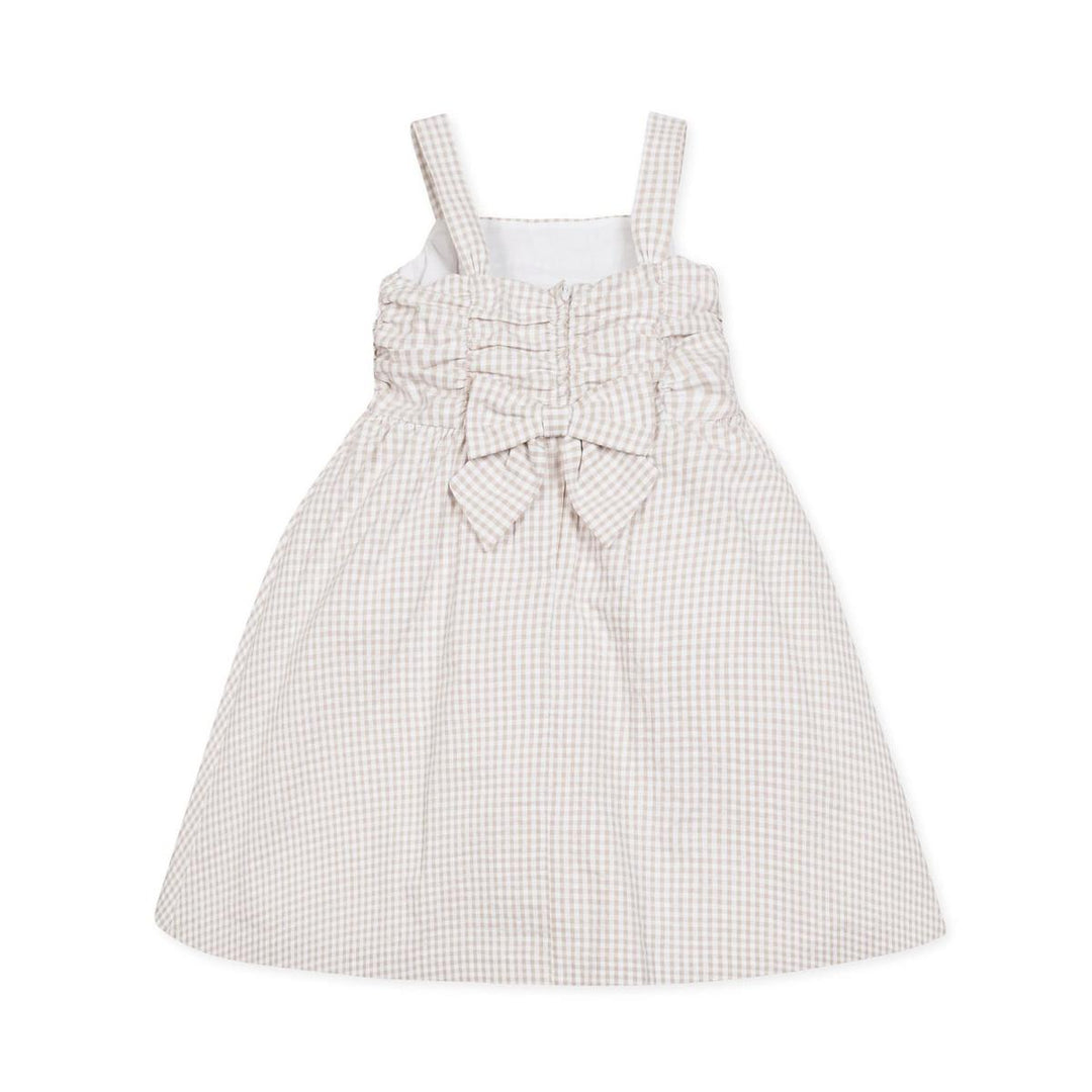 Organic Ruched Bodice Party Dress - Taupe Gingham Seersucker