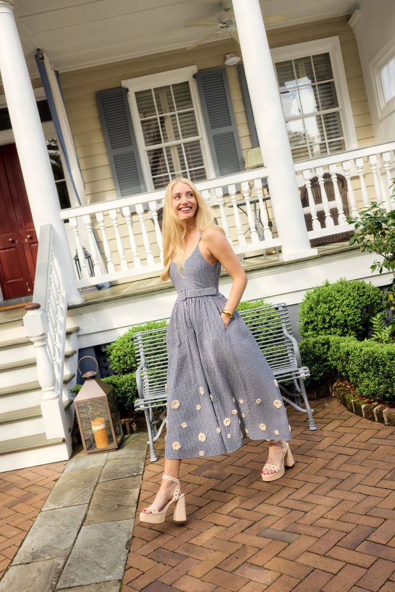 Katherine Dress x Rainey Collaboration - Navy Gingham with Cream Crochet Appliqué