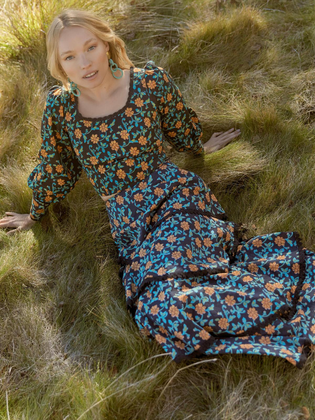 Brenda Tiered Skirt - Faded Black/Bright Clementine & Moss Floral