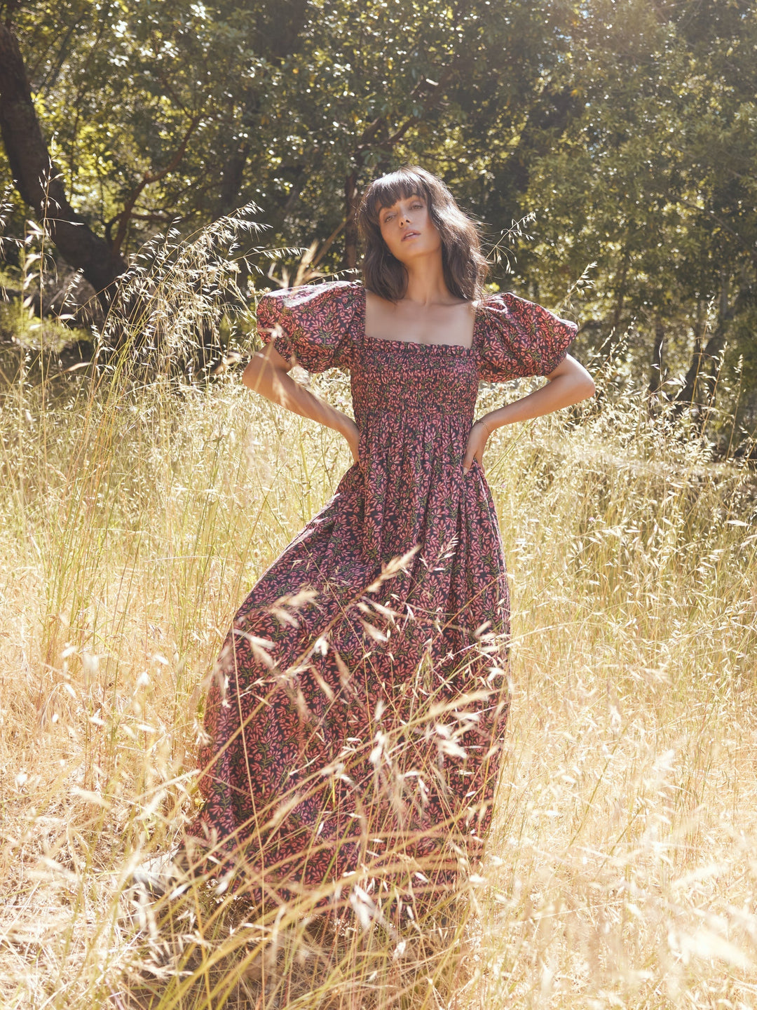 Aurora Puff Sleeve Maxi Dress - Faded Onyx/Light Ruby Floral